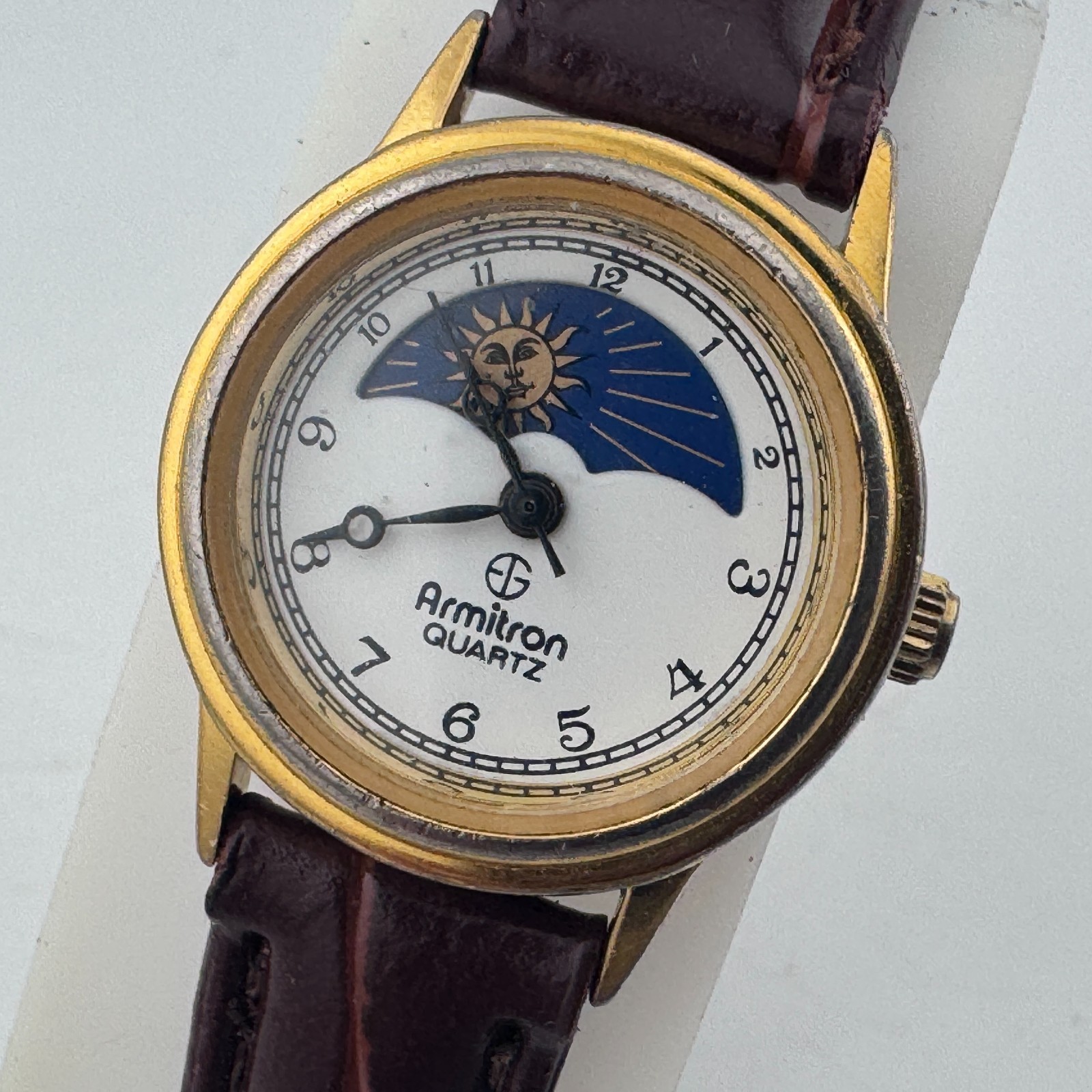 VTG Armitron Quartz Watch Women Moon Phase Gold Tone Leather Analog New Batter