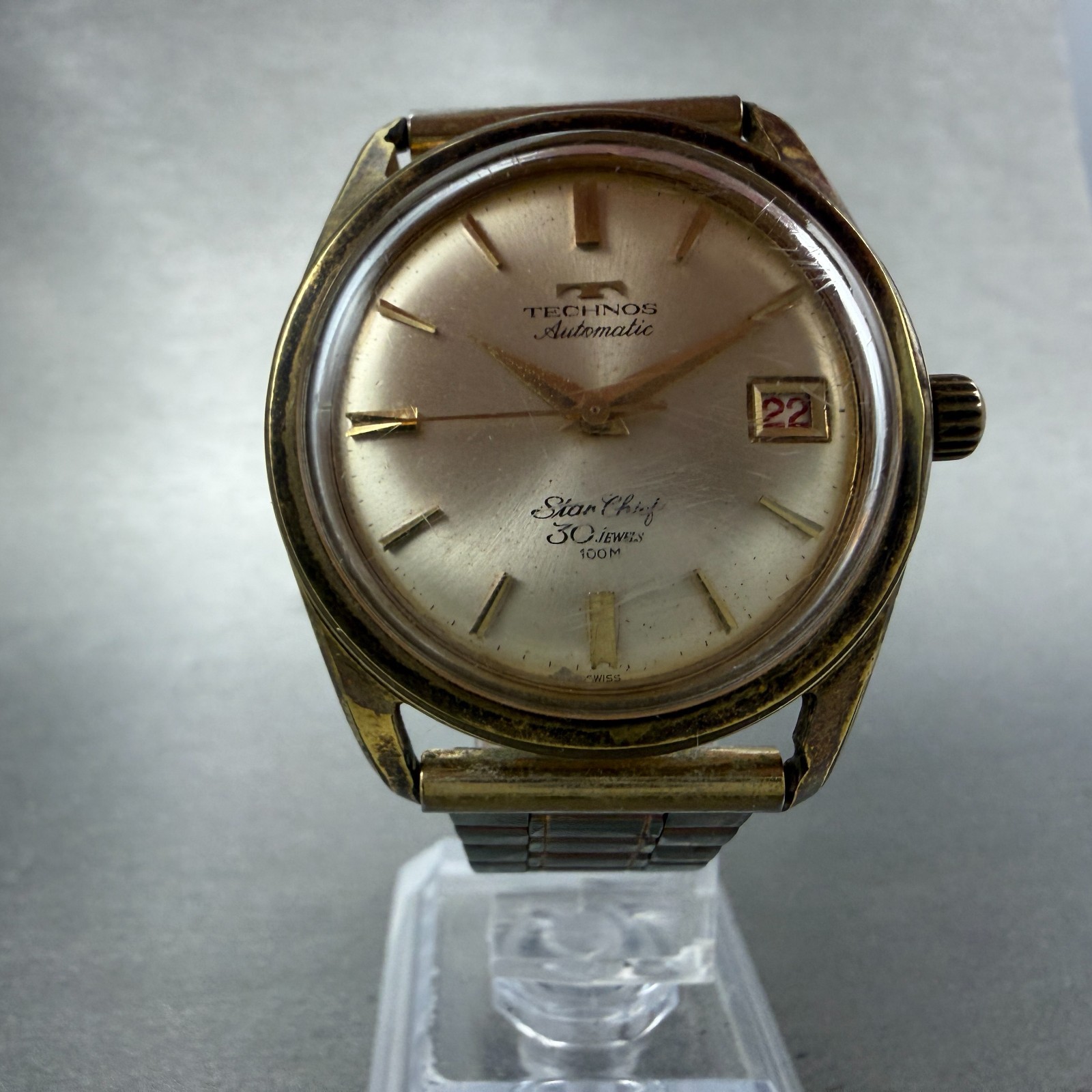 Technos Star Chief Automatic Watch Men 36mm Champagne Dial Gold Tone Date Runs