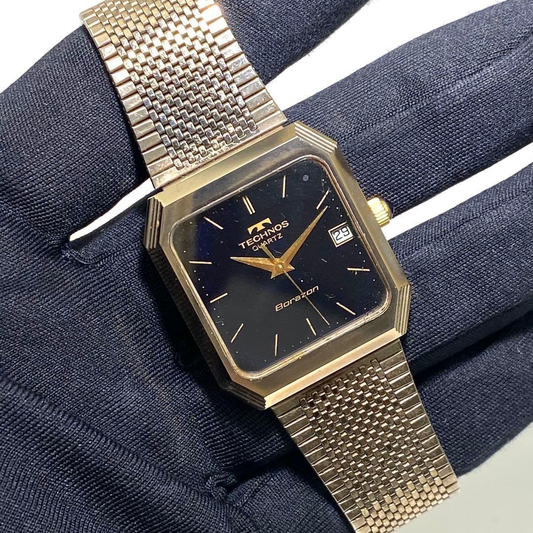 TECHNOS Wristwatch Borazon Quartz Date Display Gold Vintage Authentic From Japan