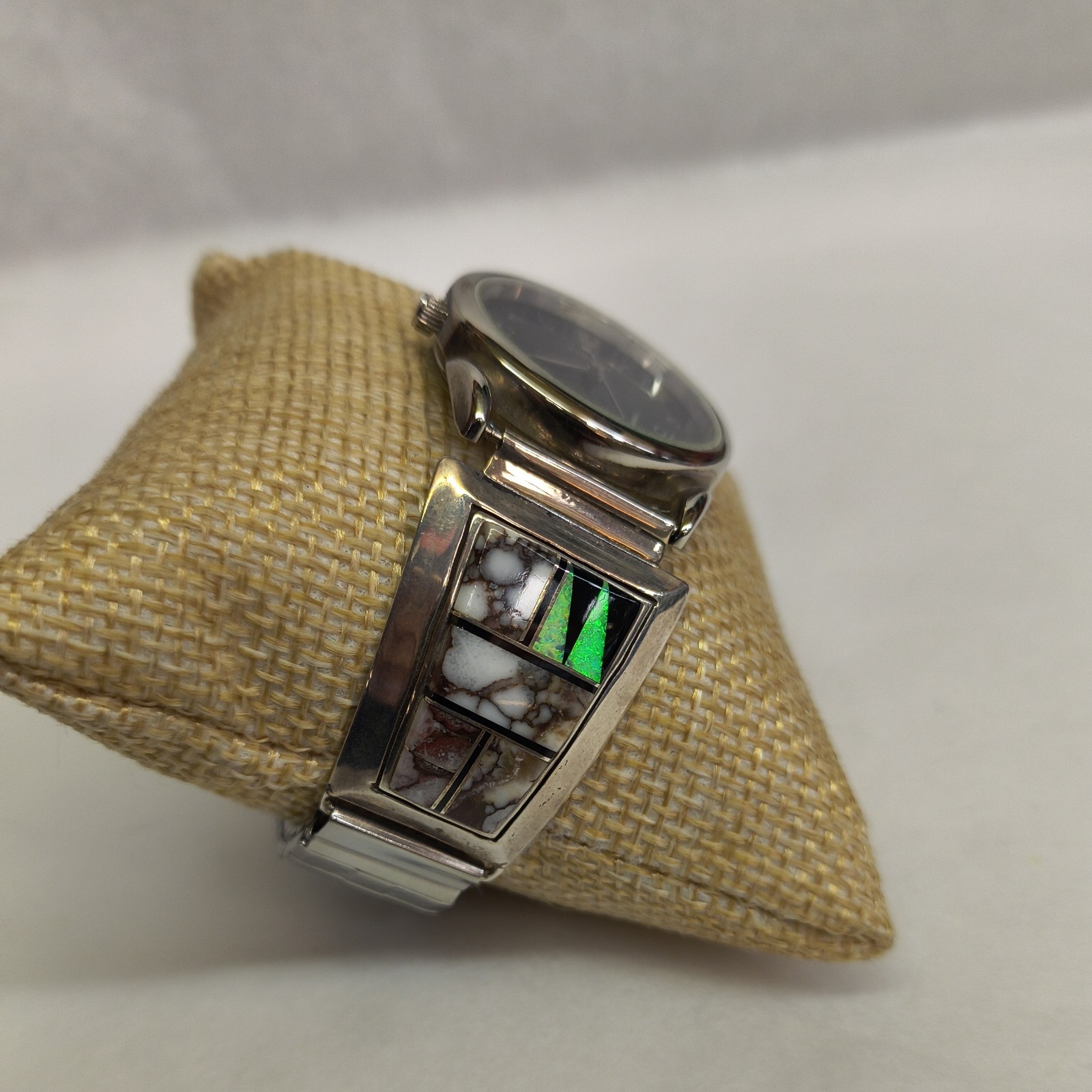 Men’s Stretch Watch, Sterling Native American, Jasper, Opal, Onyx *Needs Battery
