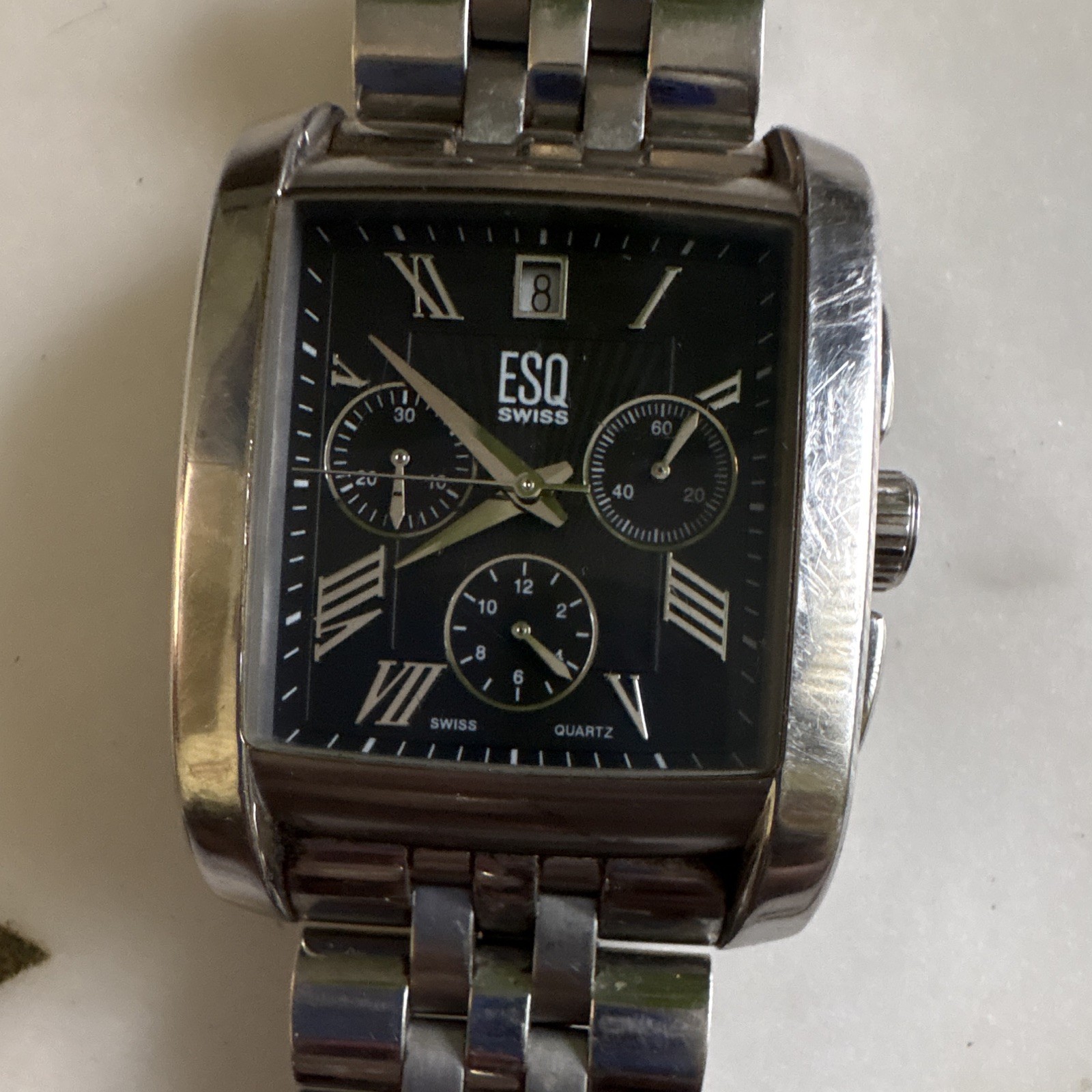 ESQ Movado Men’s Rectangular Chronograph Date Watch Black Dial Silver Bracelet