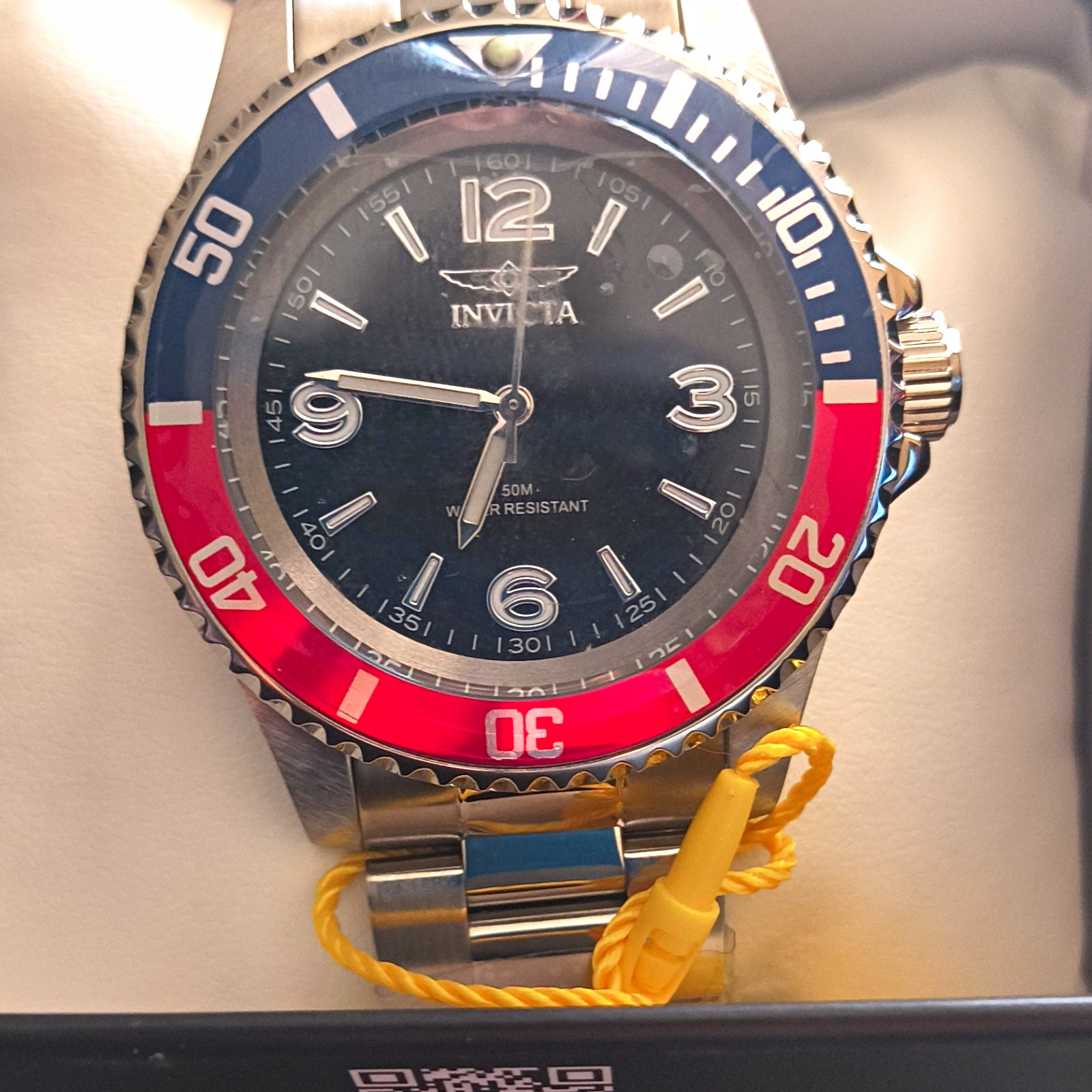 Invicta Analog Watch Blue Dial Red/Blue Rotating Bezel SS Bracelet 50m Box