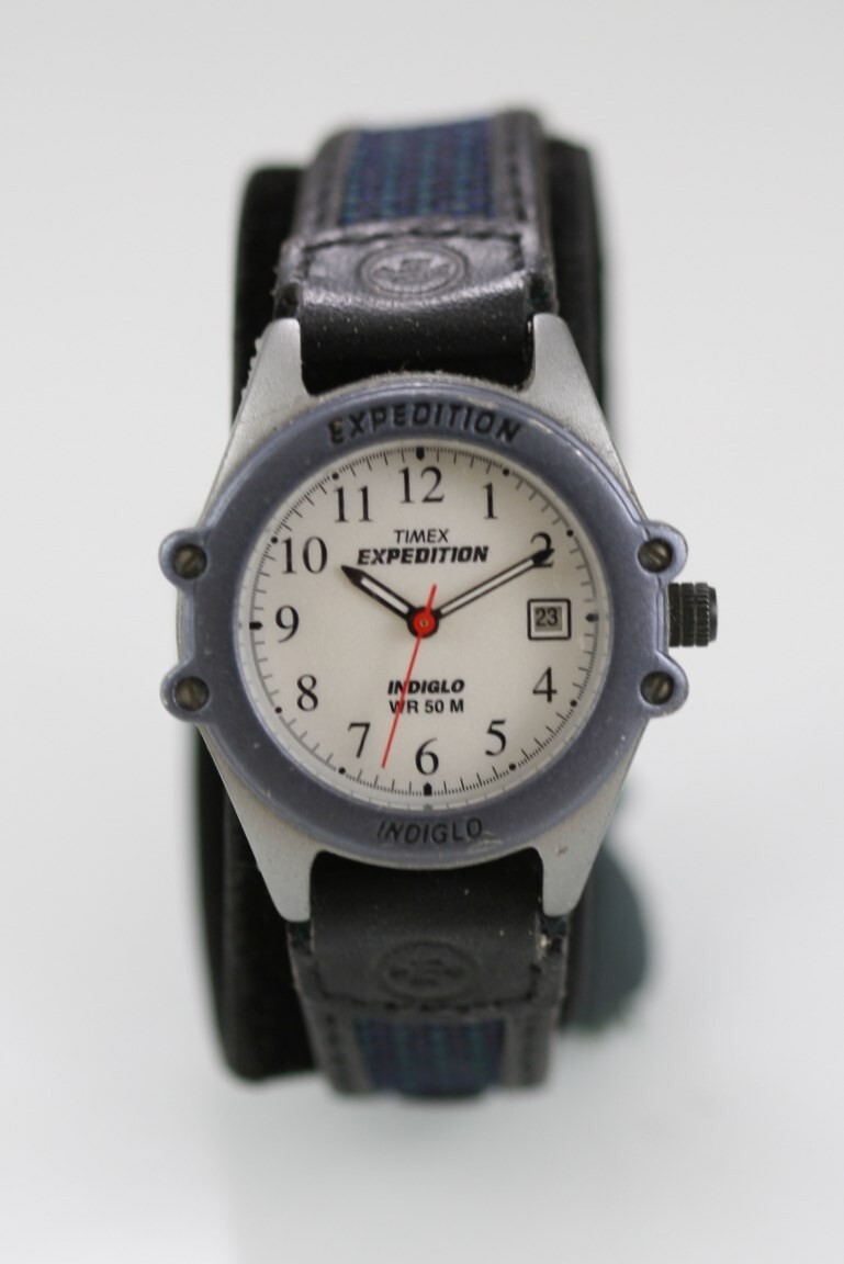Timex Watch Women Plastic Gray Blue 50m Leather Canvas Light Date White Quartz