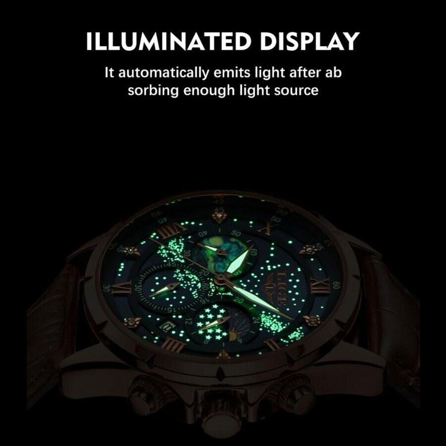 LIGE Men Watch Quartz Date Moonphase Waterproof Luminous Sport Casual Wristwatch
