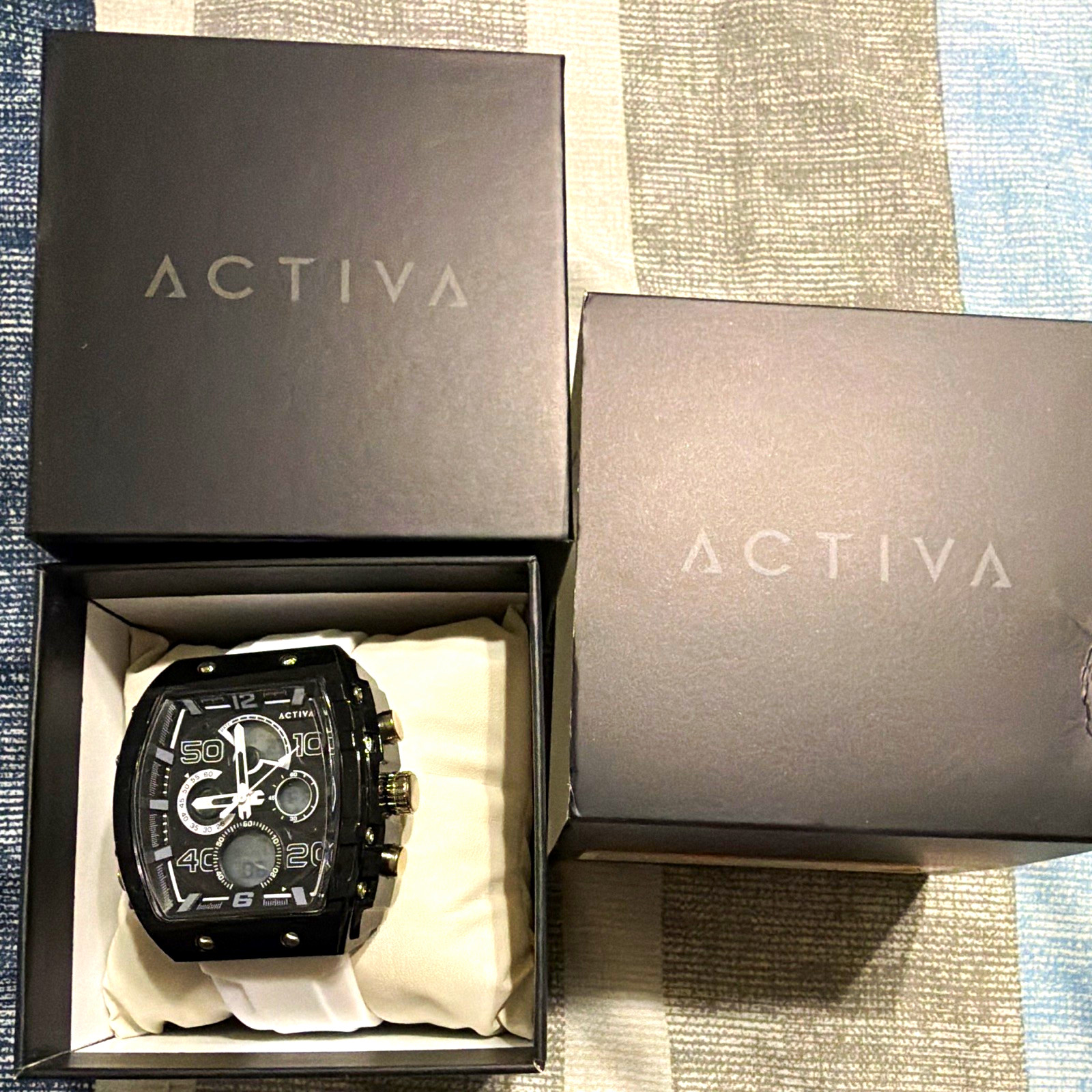 Activa 50103 Quartz Chronograph Ana-Digi 45mm Black Dial White Strap w/ Box