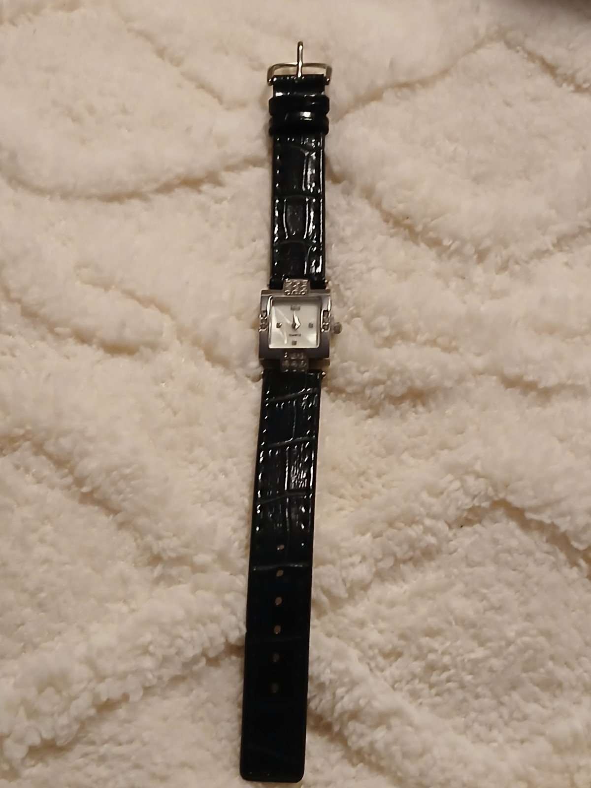 VTG Quartz Square Wristwatch Black Faux Leather Strap Silver Gemstone Markers