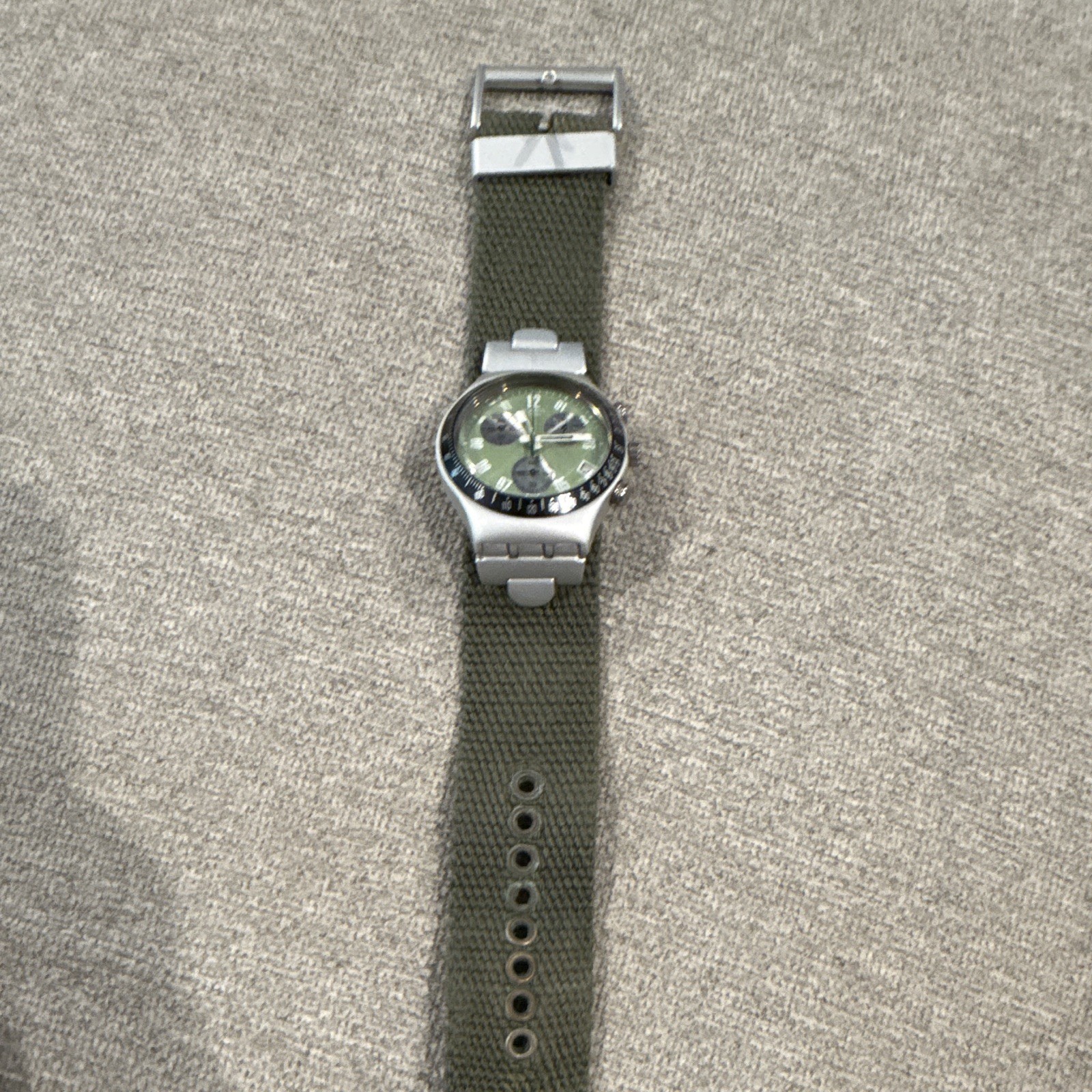 Swatch Irony Quartz Chronograph Date Green Dial Black Tachy Bezel 40mm WR30m