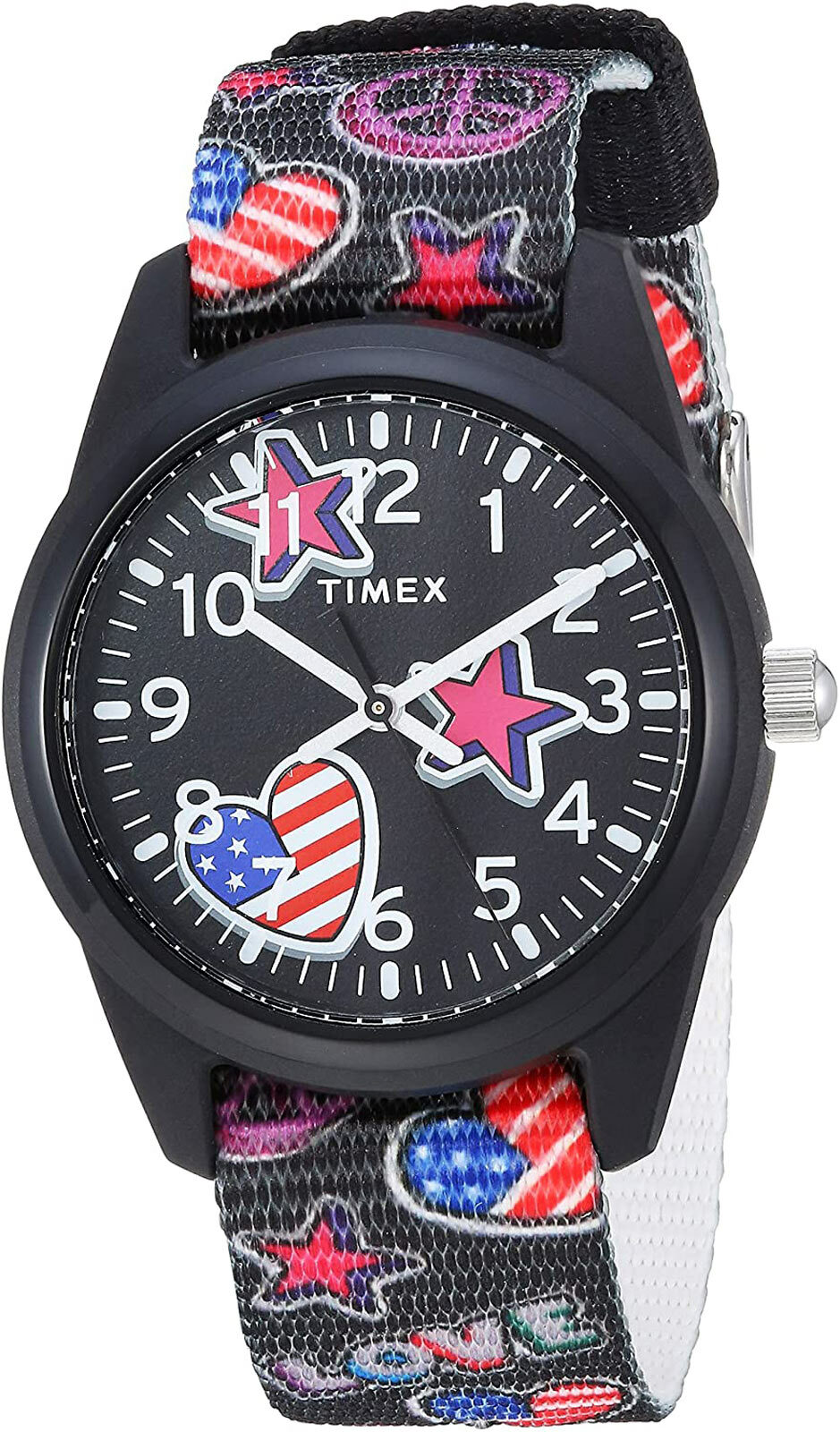Timex TW7C23700 Time Machines Kids Black Stars & Flags Nylon Strap Watch
