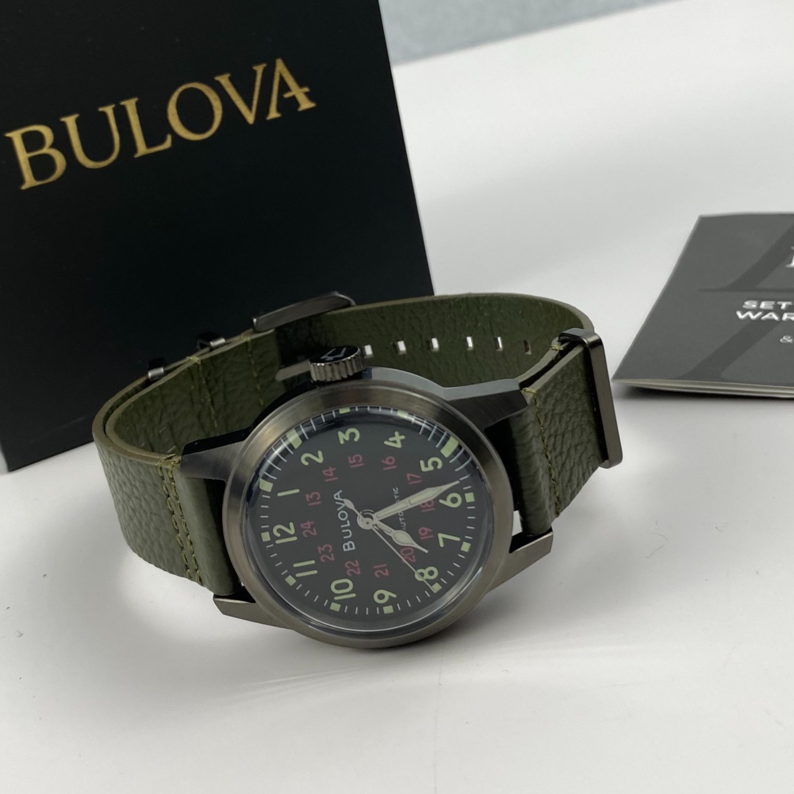 Bulova 98A255 Military Hack Automatic Men’s Watch Black Dial Green Leather Strap