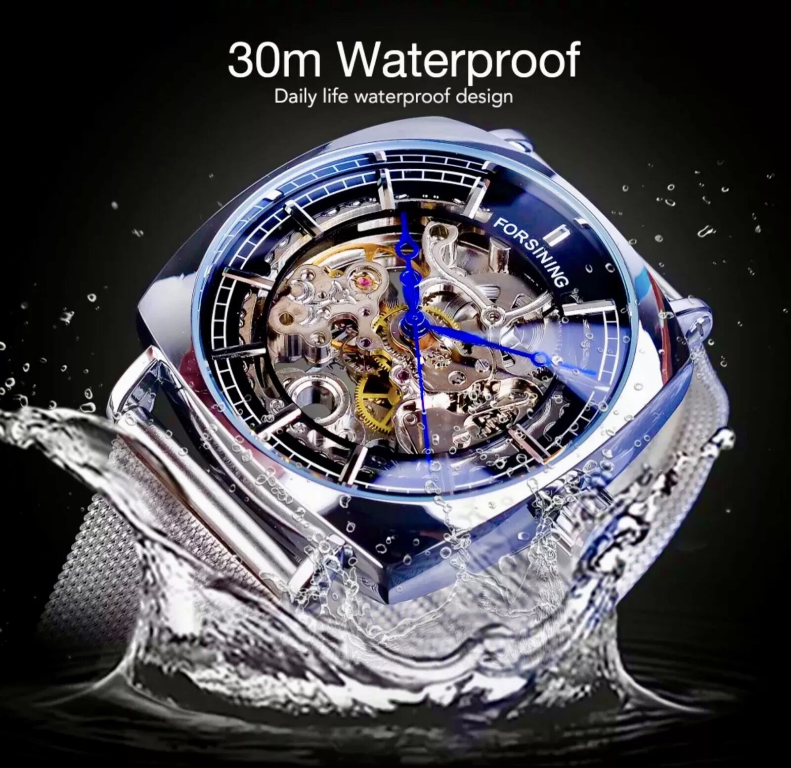 FORSINING Skeleton Transparent Self Winding Watch Stainless Mesh Band. Gift Idea