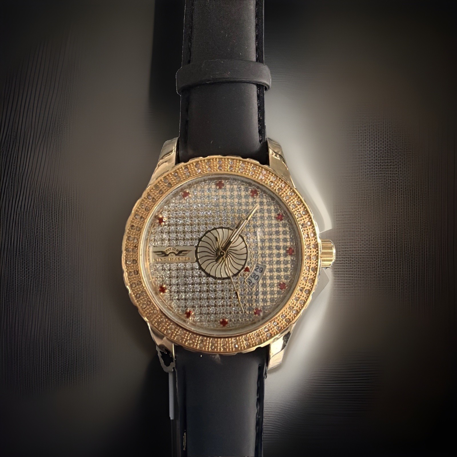 King Master Genuine Diamond Accent Quartz Date Gold Casege Black Leather Strap