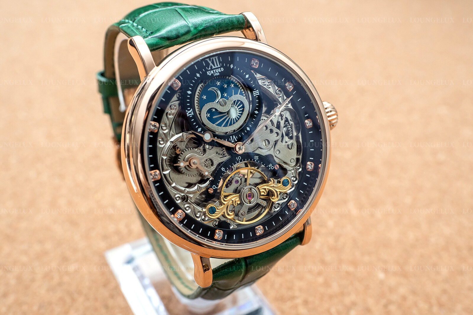 Mens Dual Time Automatic Mechanical Skeleton Watch Rose Gold Green Leather