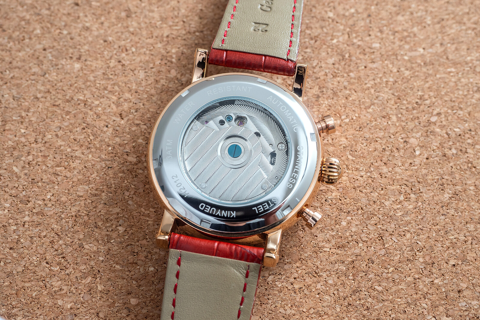 Mens Automatic Mechanical Watch Date Day Rose Gold White Red Leather Strap