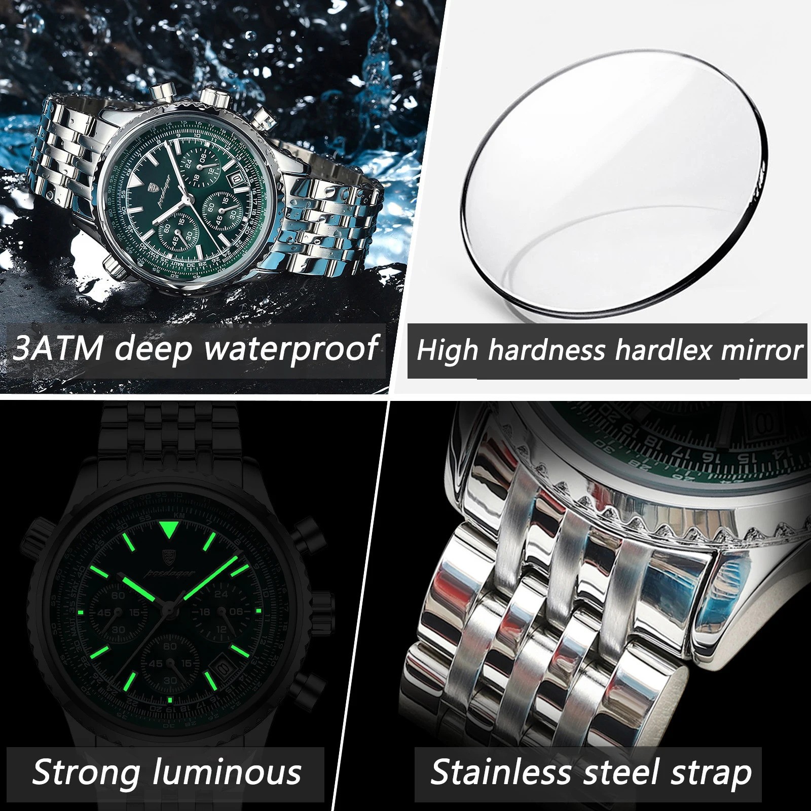 POEDAGAR Men’s Quartz Chronograph Watch Stainless Steel Waterproof Luminous