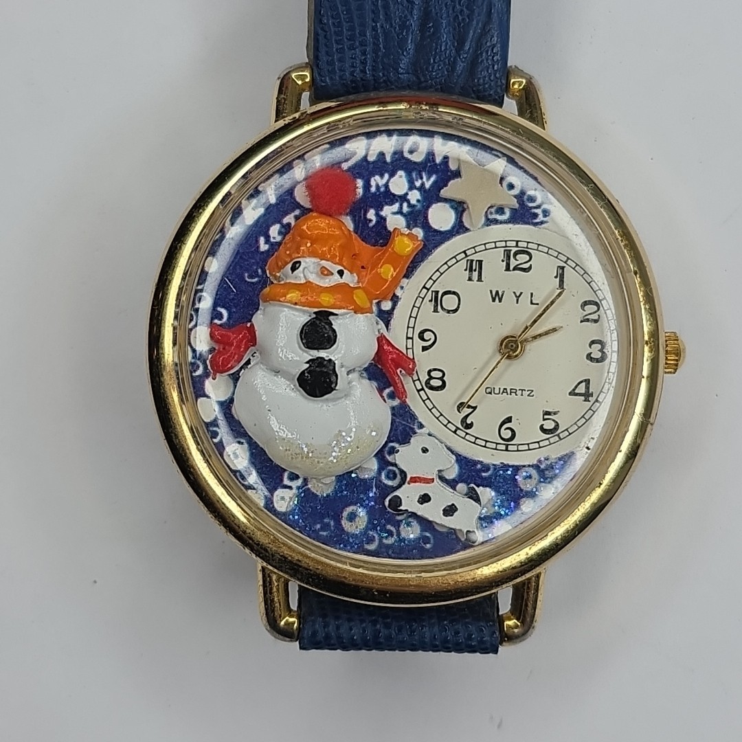 WYL Snowman Christmas Quartz Watch Black Leather Strap Novelty USA NEEDS BATTERY