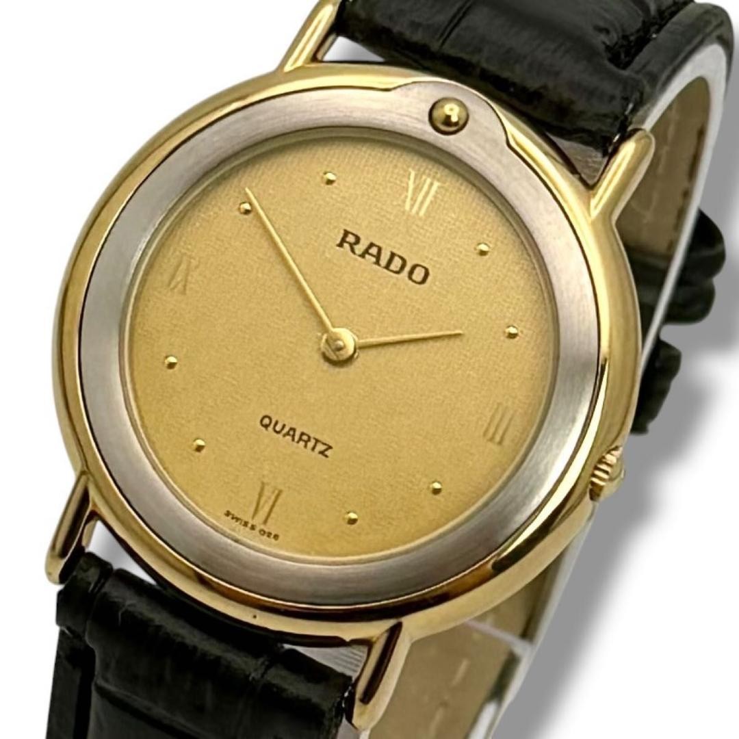 RADO 133.5334.2 Quartz Wristwatch 30.7mm Gold Dial Black Leather Mens