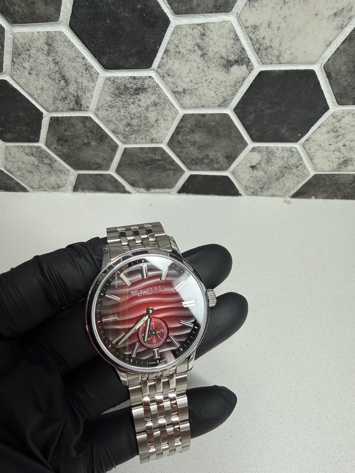 Seagull Automatic Mechanical Red/Black Dial Lume Small Sec SS Bracelet 50m