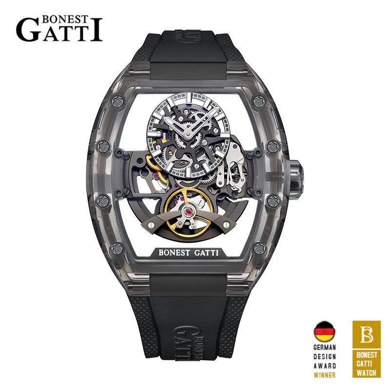BONEST GATTI Men’s Yellow Tonneau Skeleton Tourbillon Automatic Mechanical Watch
