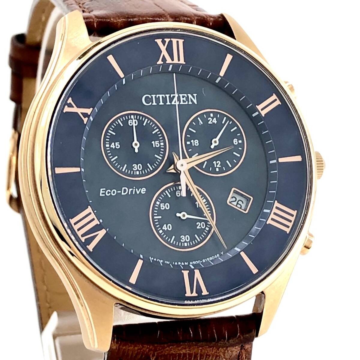 Citizen Eco Drive AT2362 02A Solar Radio Quartz Chronograph Rose Gold Blue Dial