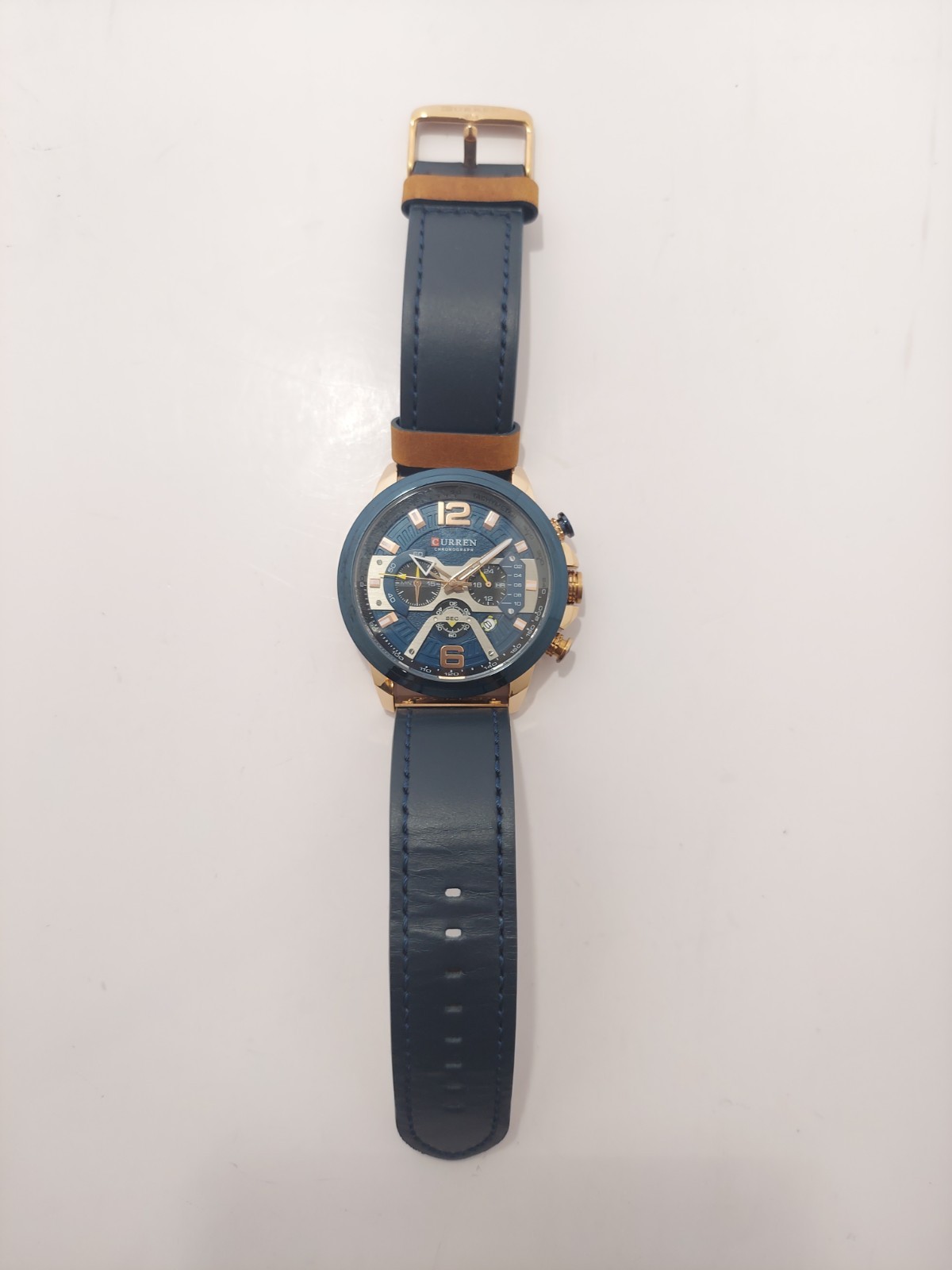 Curren Mens Watch 48mm Blue Gold Tone Chronograph Date M-8329 Leather Band *read