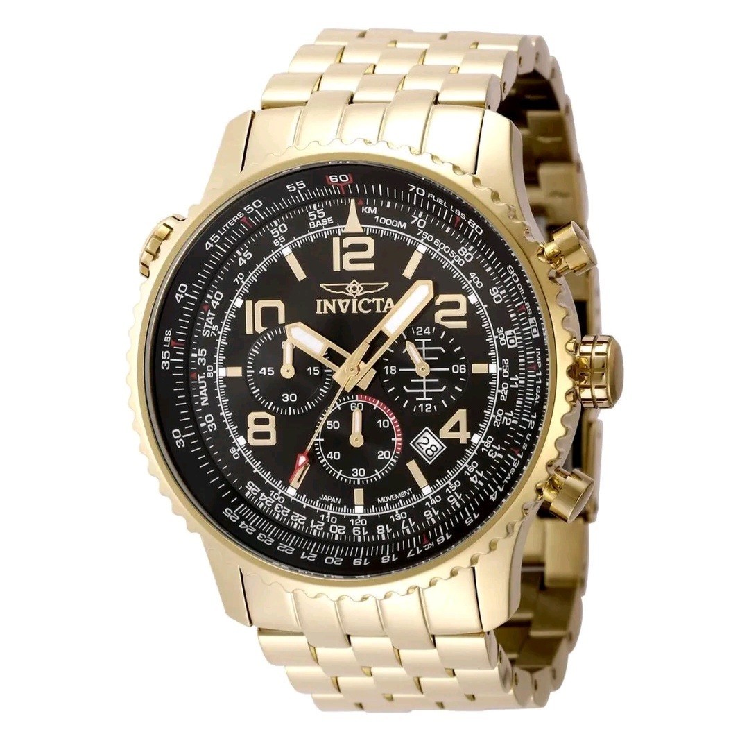 NEW INVICTA 49082 AVIATOR GOLD STEEL BLACK DIAL CHRONOGRAPH WATCH 49.5MM K