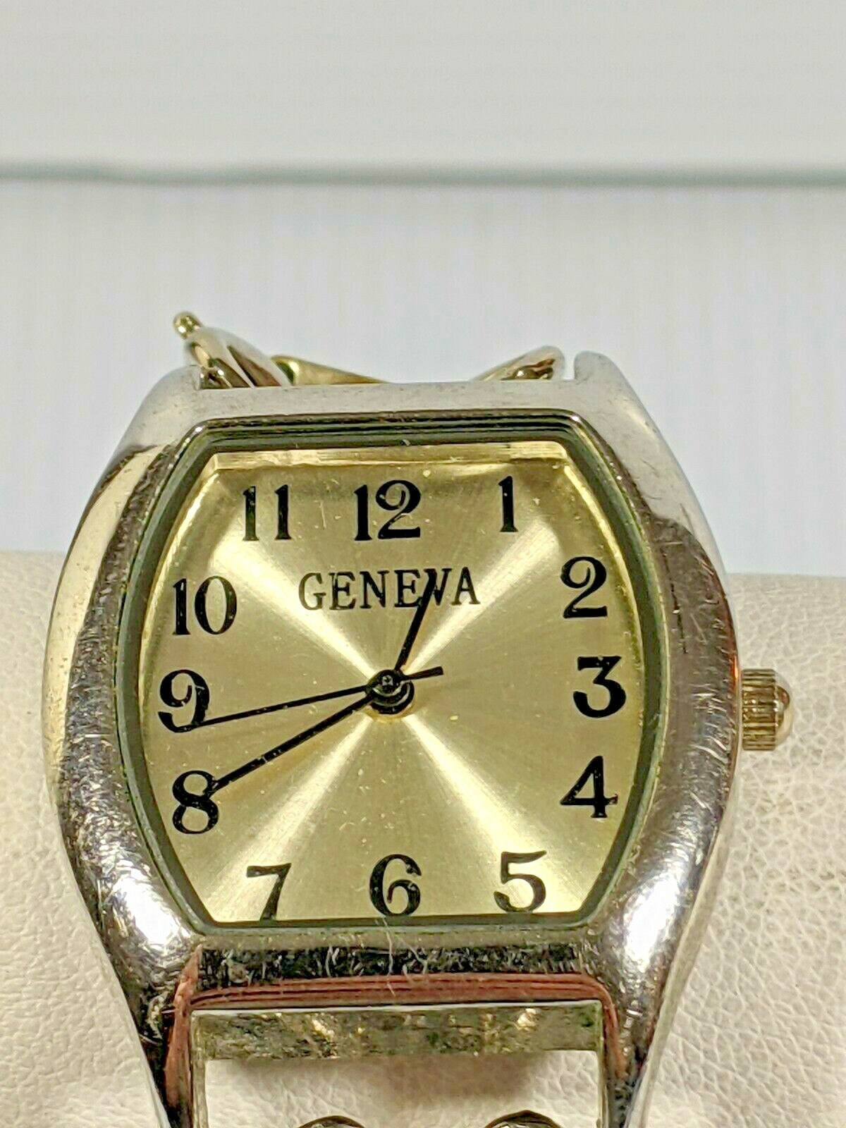 Geneva Square Face Black Gray White Glass Bead Stretch Bracelet Watch 6.5 Inch