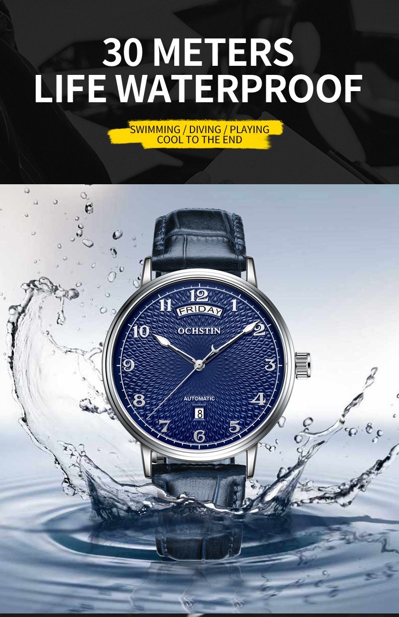 OCHSTIN Men’s Automatic Mechanical Watch Business 3ATM Day Date Leather Strap