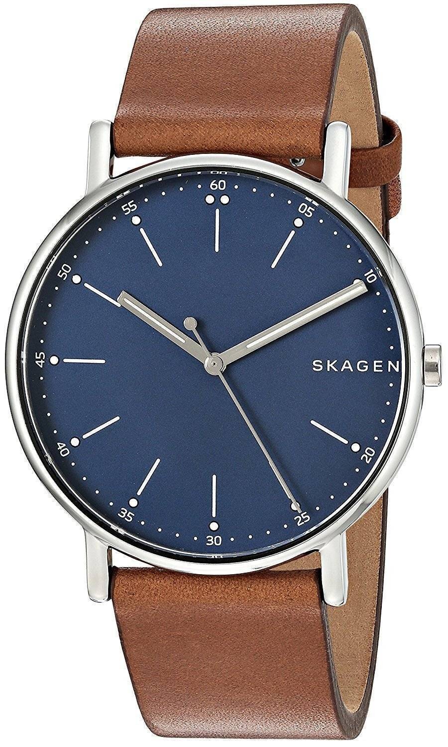 Skagen Signatur Quartz SKW6355 Leather Strap Blue Dial Analog Mens Watch 50M