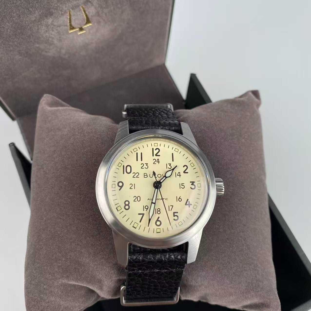 Bulova Hack Watch 96A246 Ivory Dial Leather Strap Men’s Automatic Watch 38 mm