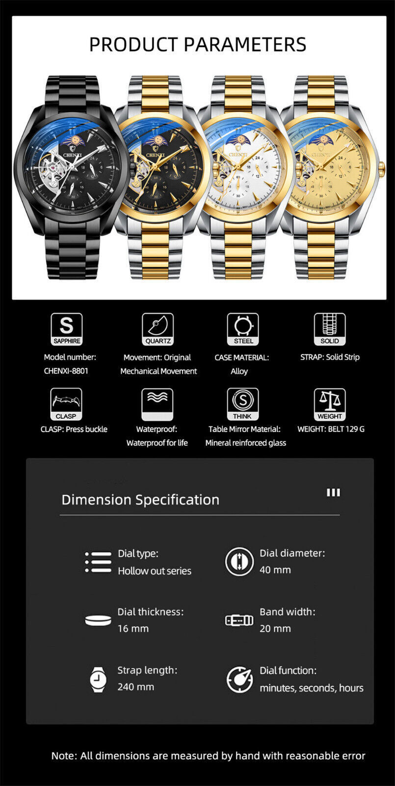 CHENXI Mechanical Automatic Watch Full Steel Watch for Business Male Wristwatch