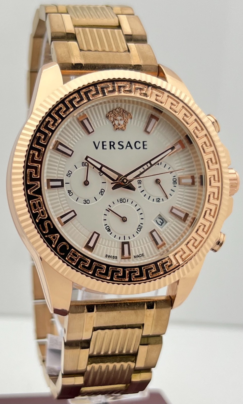 Premium Men’s Versace Greca Action Chronograph White Dial Date Wristwatch