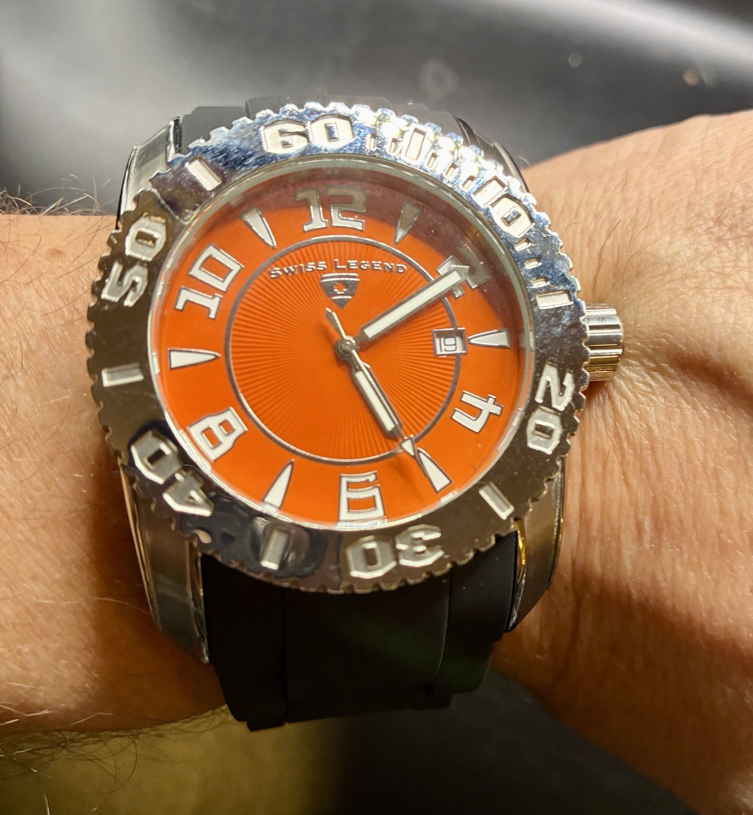 Swiss Legend Commander Watch Black Rubber Silicone Orange Chrome Needs Battery