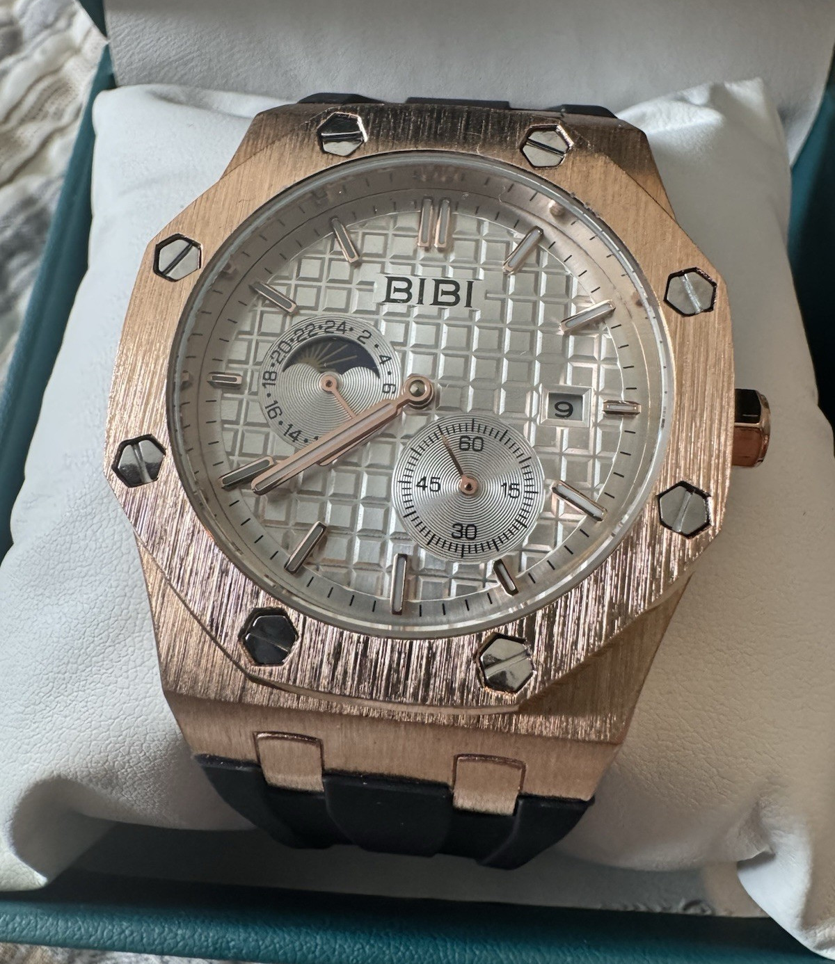 BIBI Luxury Watch Quartz Octagon Rose Gold Tone Black Rubber Strap Date w/ Box