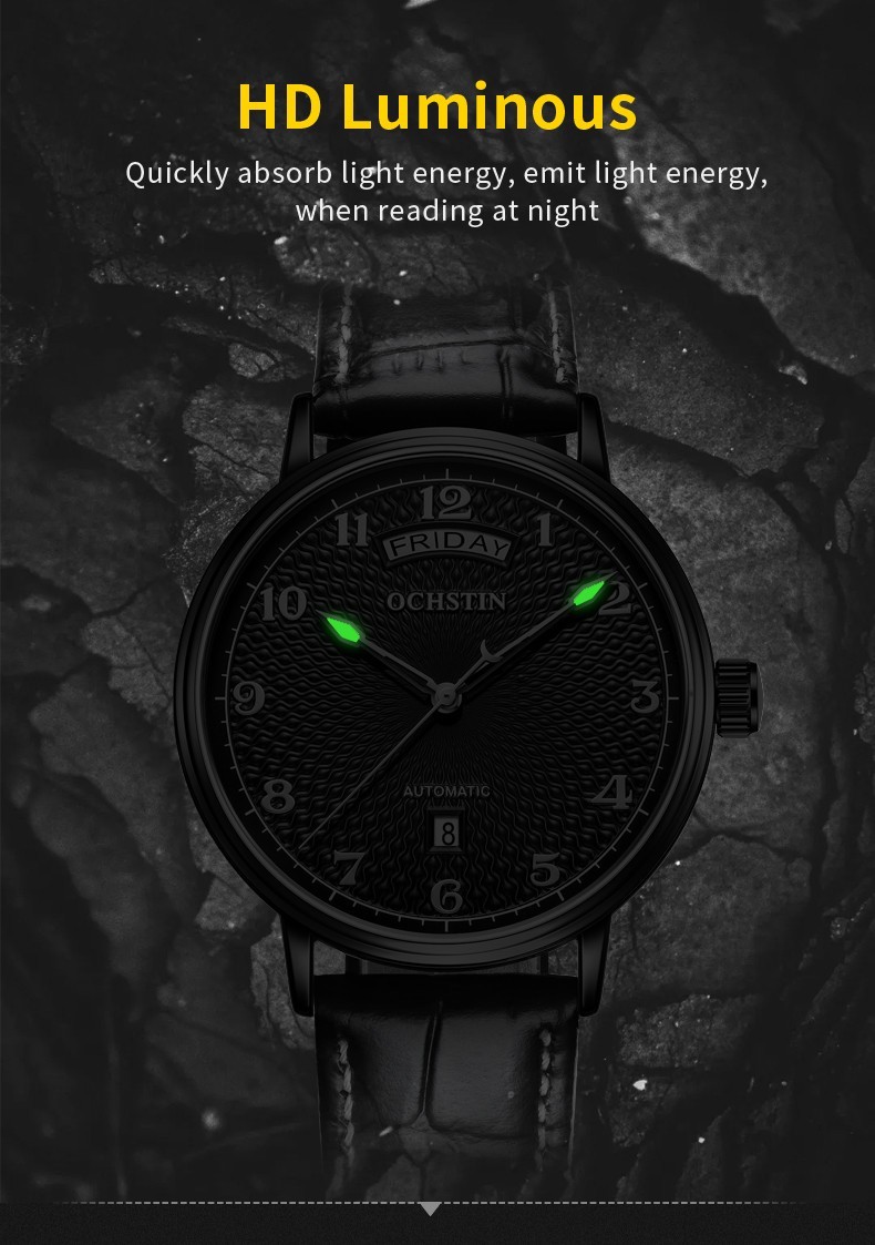 OCHSTIN Men’s Automatic Mechanical Watch Business 3ATM Day Date Leather Strap