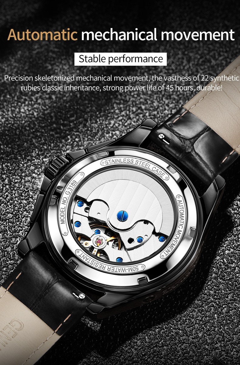Automatic Mechanical Watch Waterproof Moon Phase Luxury Men Men’s Strap