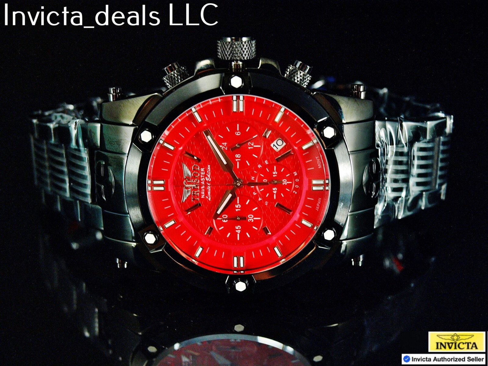 Tresod Men’s NAVMASTER Chronograph Red Dial Black Tone Sapphire Crystal SS Watch