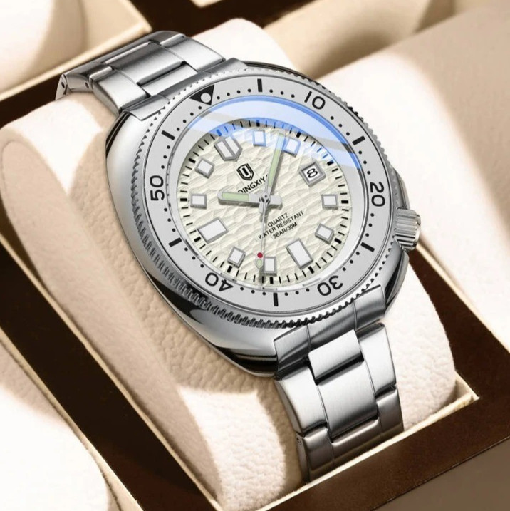 44MM QINGXIYA Tuna Quartz Mens Watch Stainless Steel 30M Waterproof Luminous NEW