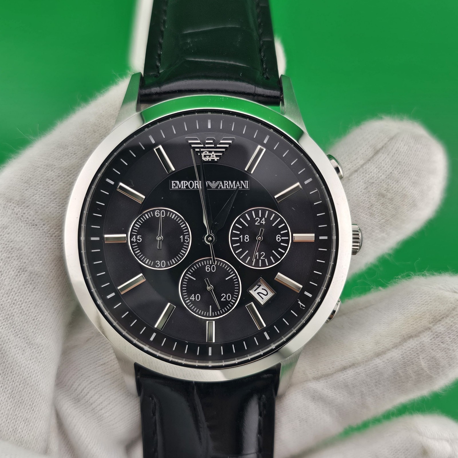 EMPORIO ARMANI MENS WATCH AR2447 BLACK LEATHER STRAP & BLACK DIAL AUTHENTIC UK