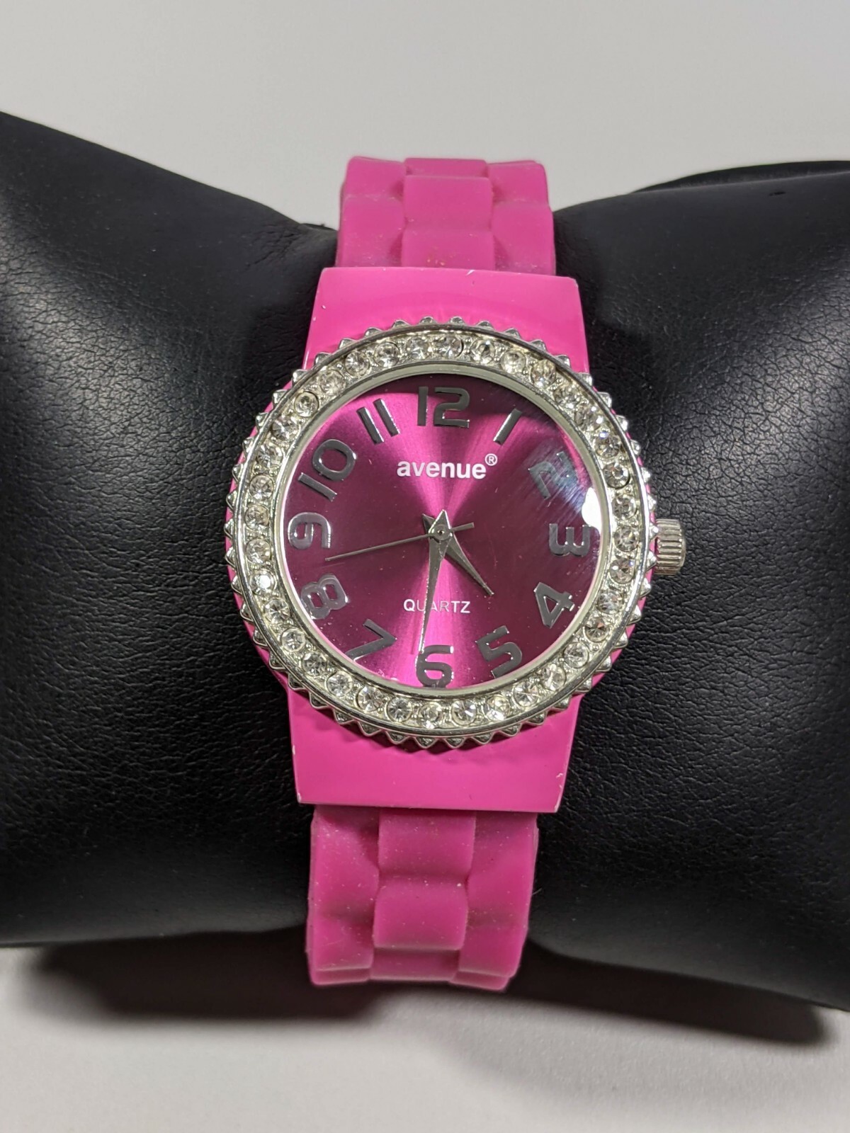 Avenue Pink Dial Crystal Accent Bezel Round Case 34.4 mm Open Cuff Band Watch