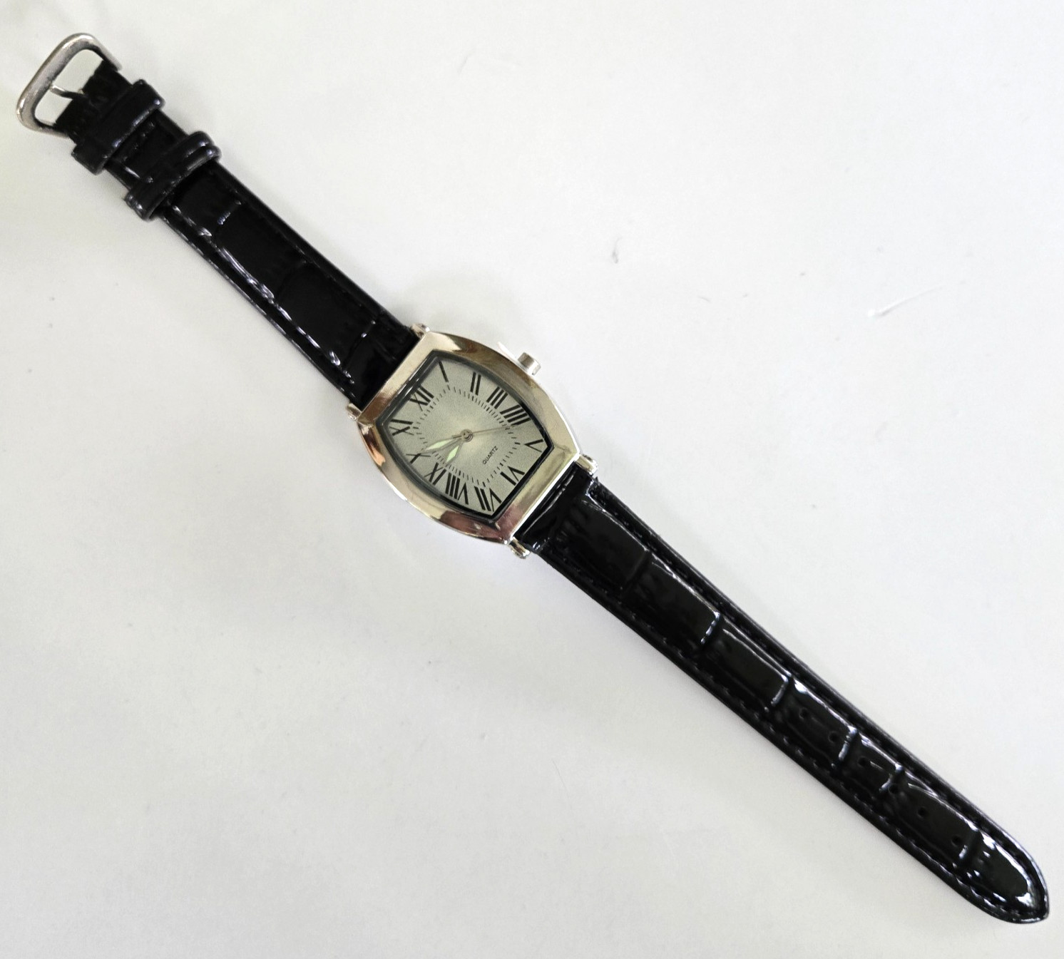 2000s SKC Silver Tone Tonneau Case Quartz Wrist Watch Black Leather New Battery
