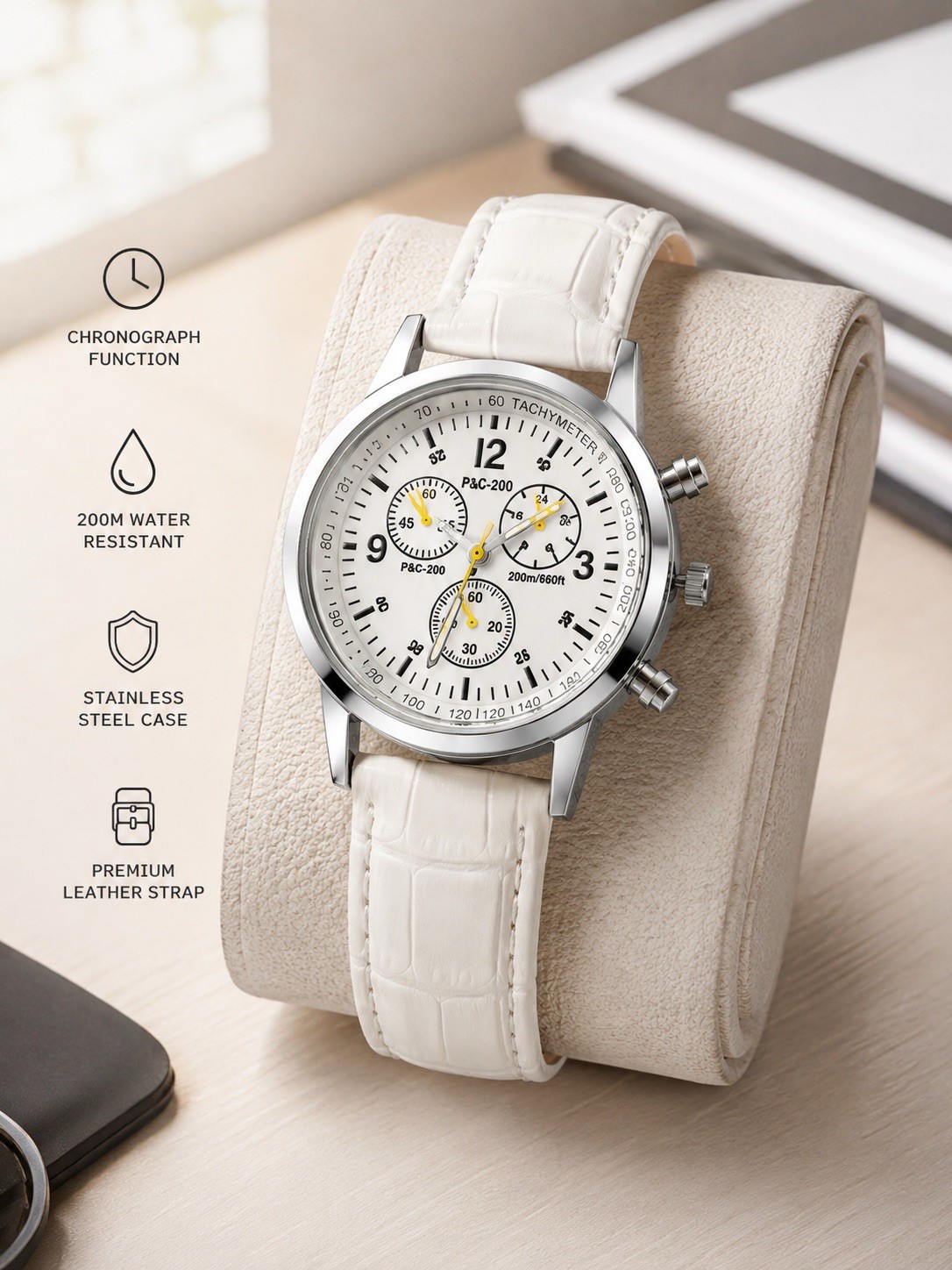Men’s White Leather Quartz Watch Silver Case Analog Dress Business Wrist Watch