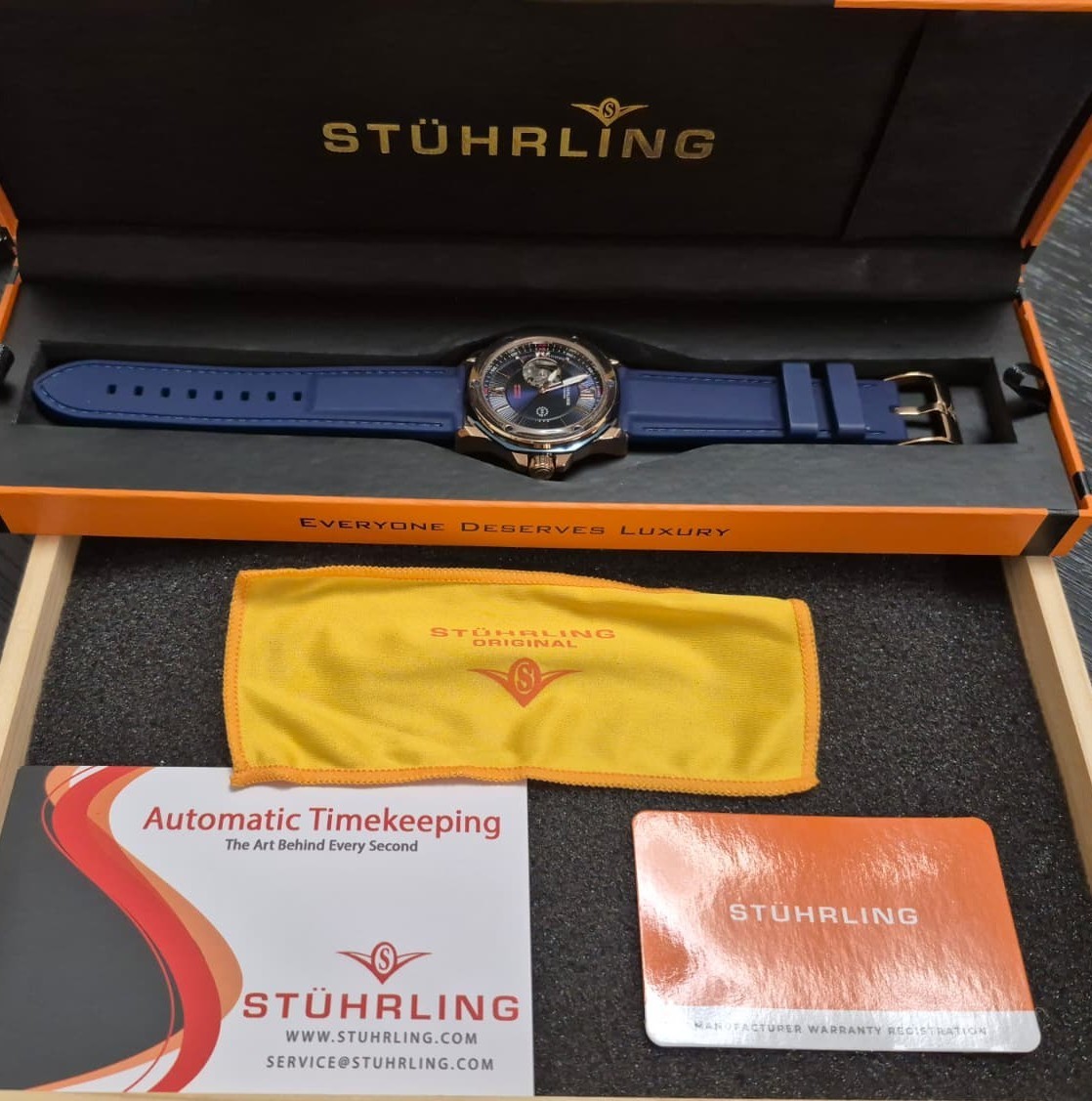 Stuhrling 4018 3 Edwardian Automatic Skeleton Blue Rose Silicone Mens Watch