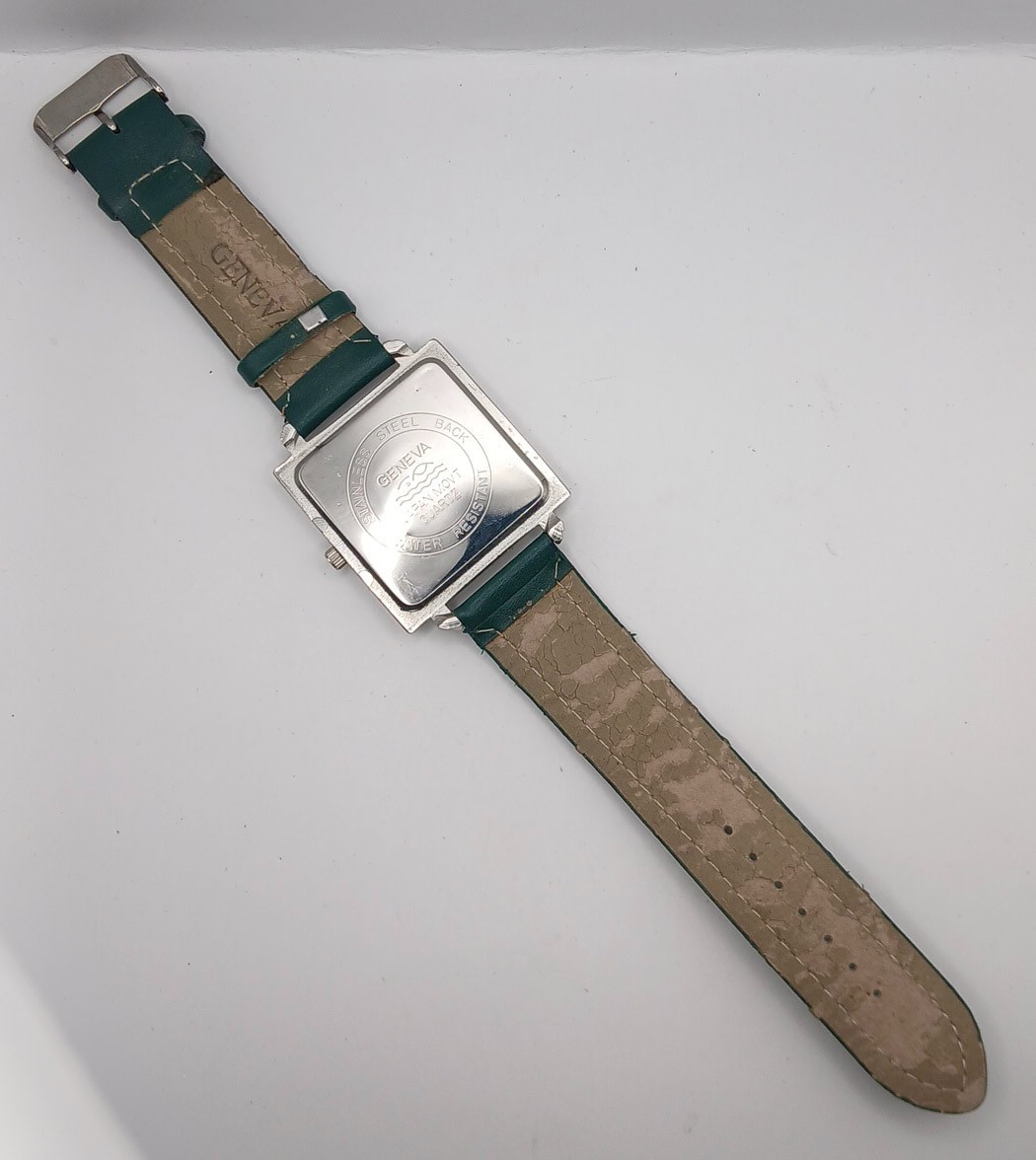 Geneva Multi-Time Zone Watch Square Face Dark Green Strap Novelty Retro Style