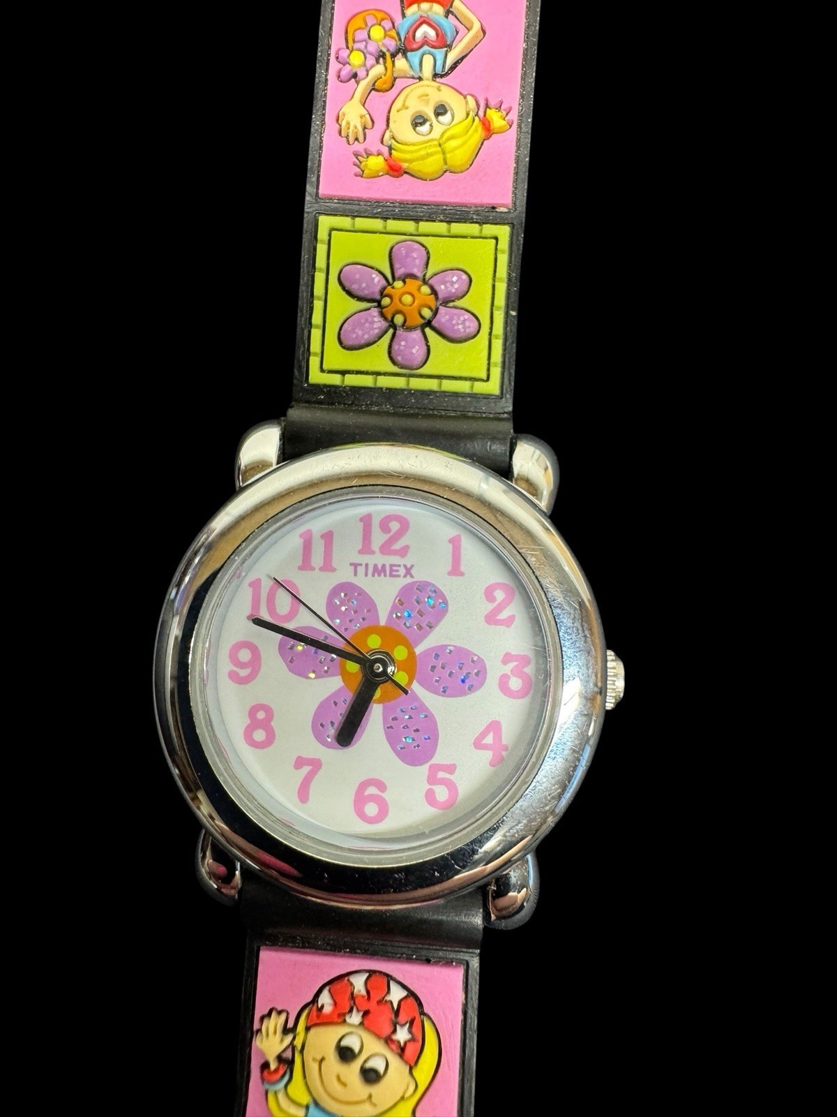 Kids Timex Flower Cartoon Barbie Pink Purple Dial Silvertone 3D Poly Band Watch