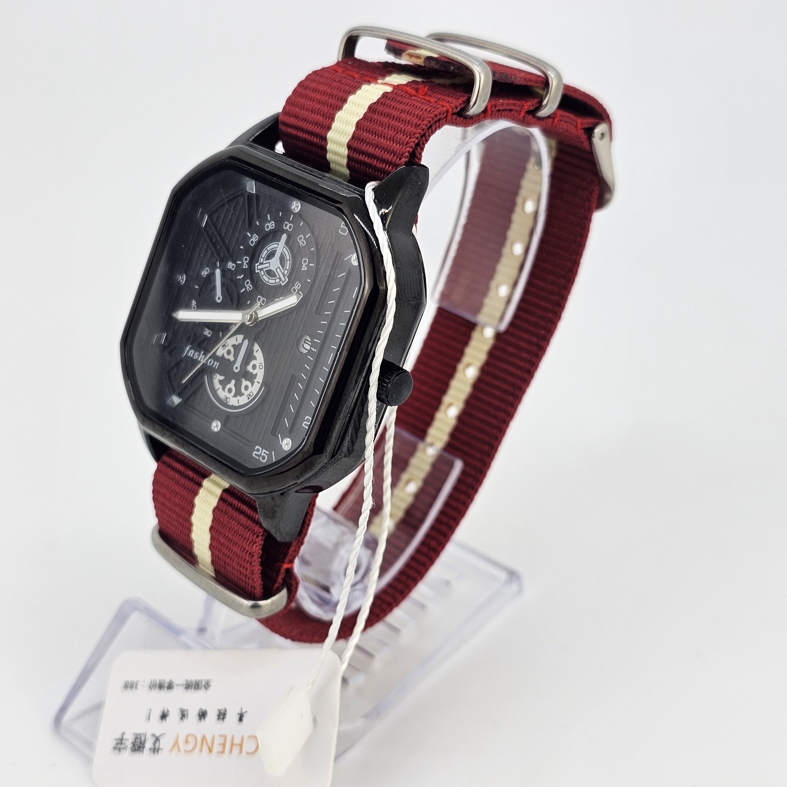 42MM Watch Men Black Dial Date Indicator Red Cream Canvas Band New Battery