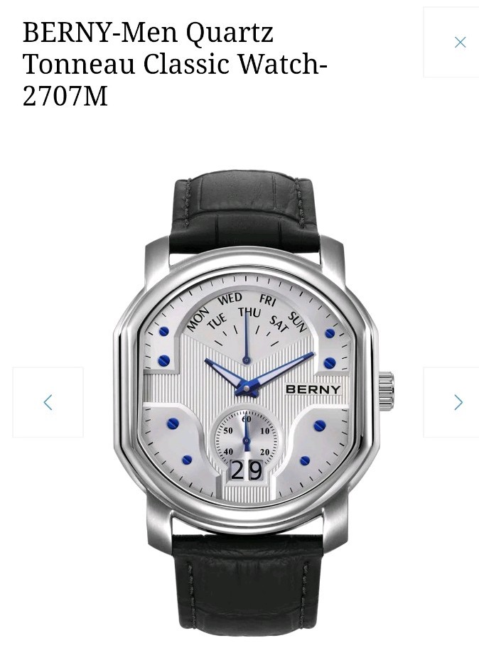 BERNY-Men Quartz Tonneau Classic Dress Watch-2707M. Sapphire crystal.