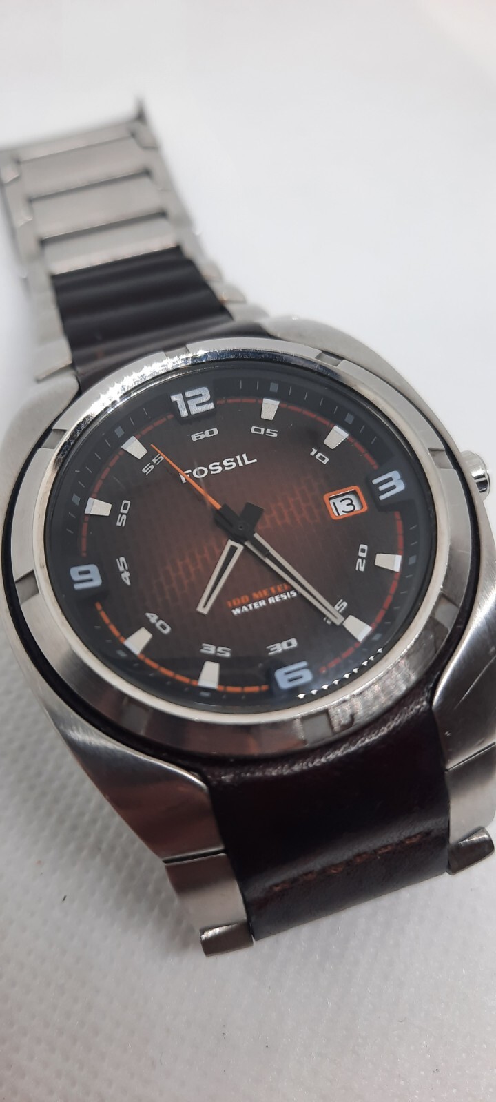 VINTAGE! Running Fossil Orange Brown Face Men’s Watch AM-3986 with Leather Strap