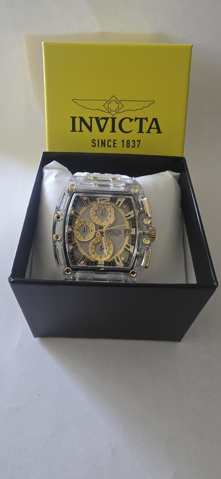 Invicta S1 Rally 70147 Men’s 42mm Quartz Chronograph Watch Clear/Gold NIB
