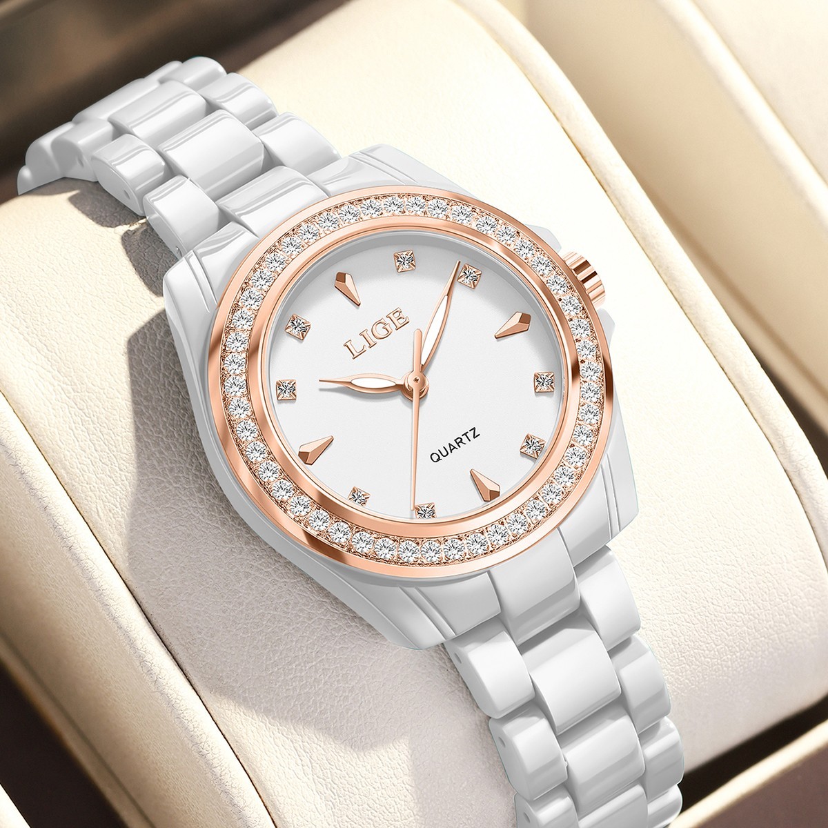 LIGE Ladies Watch Quartz Ceramic Strap Luminous Waterproof Women Wristwatch Gift