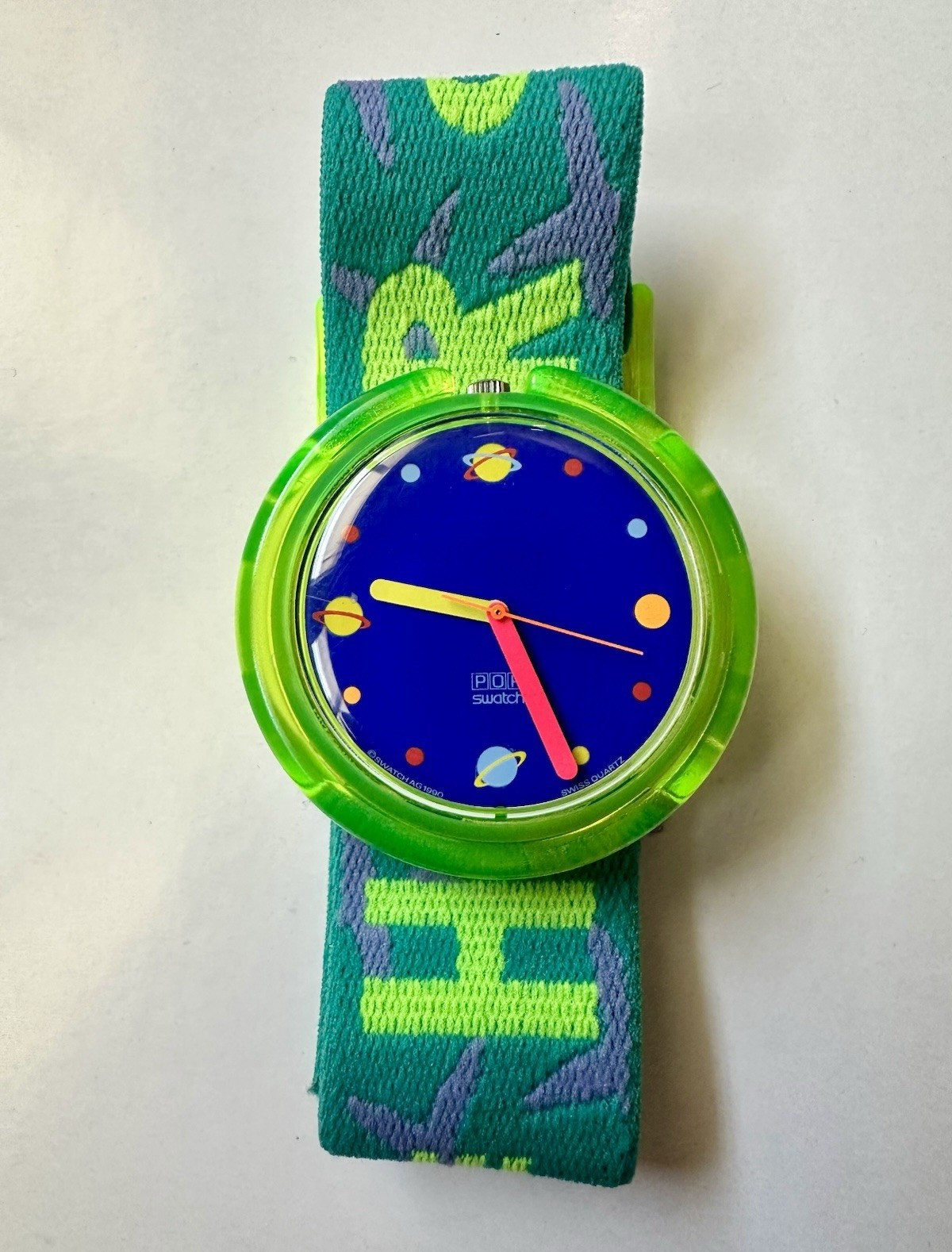 POP swatch – Swiss Made Quartz Analog Space Dial Green Plastic Case Fabric Strap